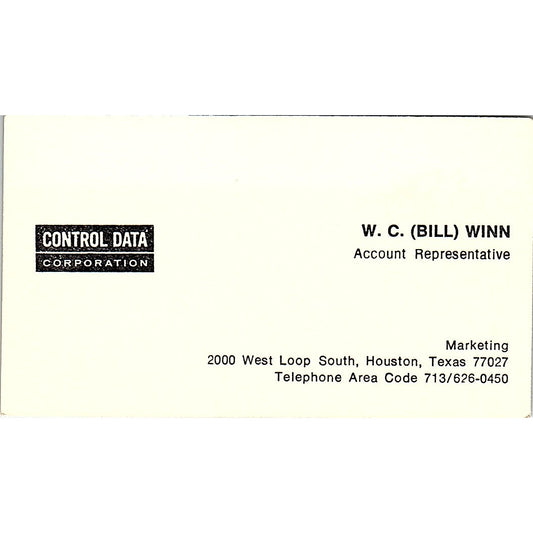W.C. Bill Winn Control Data Corporation Houston TX Vintage Business Card SD9-B2