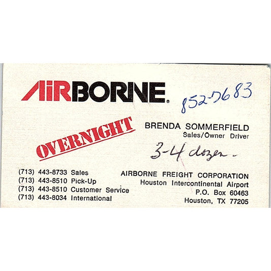 Brenda Sommerfield Airborne Overnight Houston TX Vintage Business Card SE3-B16