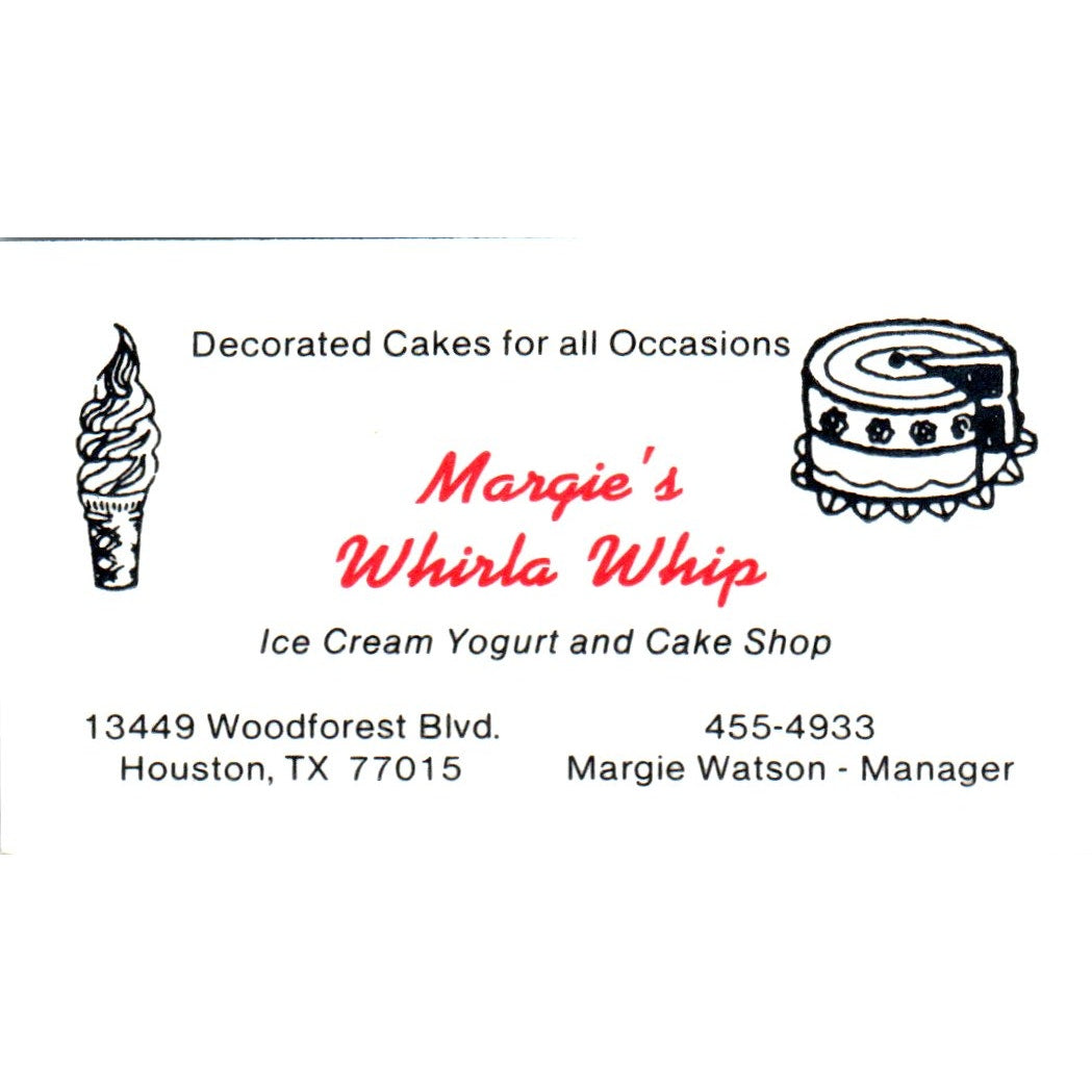 Margies Whirla Whip Ice Cream Margie Watson Houston Vintage Business Card SD8-B8