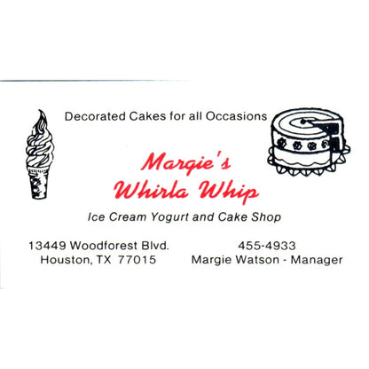 Margies Whirla Whip Ice Cream Margie Watson Houston Vintage Business Card SD8-B8