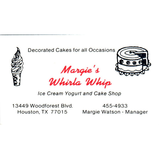 Margies Whirla Whip Ice Cream Margie Watson Houston Vintage Business Card SD8-B8