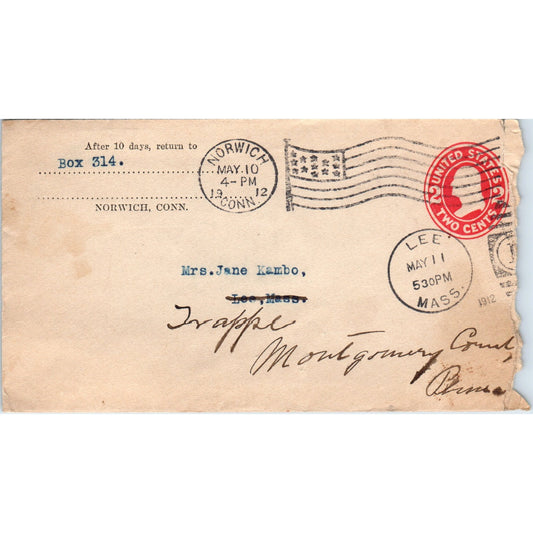 1912 Norwich CT to Mrs Jane Kambo Trappe Lee MA Postal Cover Envelope TG7-PC2