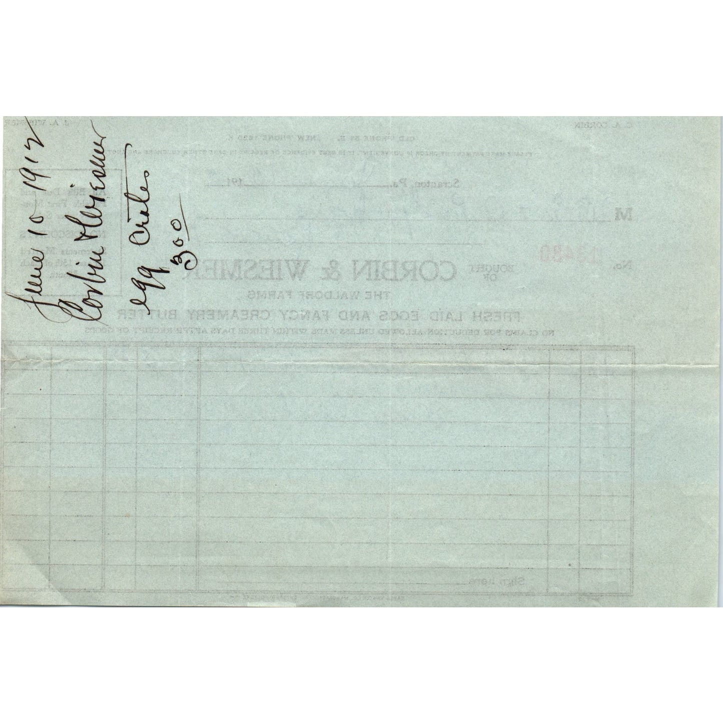 Corbin & Wiesmer Waldorf Farms Scranton PA 1912 Original Billhead Receipt D8-LL