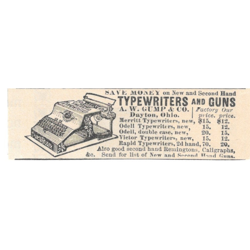 A.W. Gump & Co Typewriters and Guns Dayton OH 1892 Magazine Ad AB6-S1