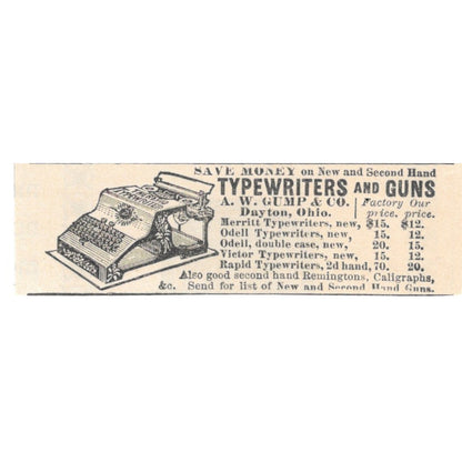 A.W. Gump & Co Typewriters and Guns Dayton OH 1892 Magazine Ad AK6-S1