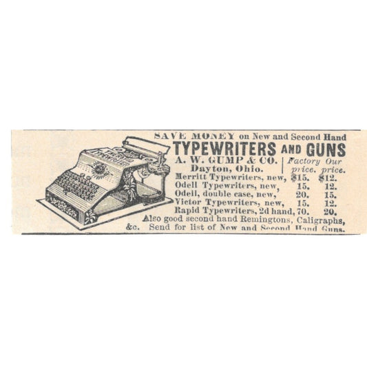 A.W. Gump & Co Typewriters and Guns Dayton OH 1892 Magazine Ad AK6-S1