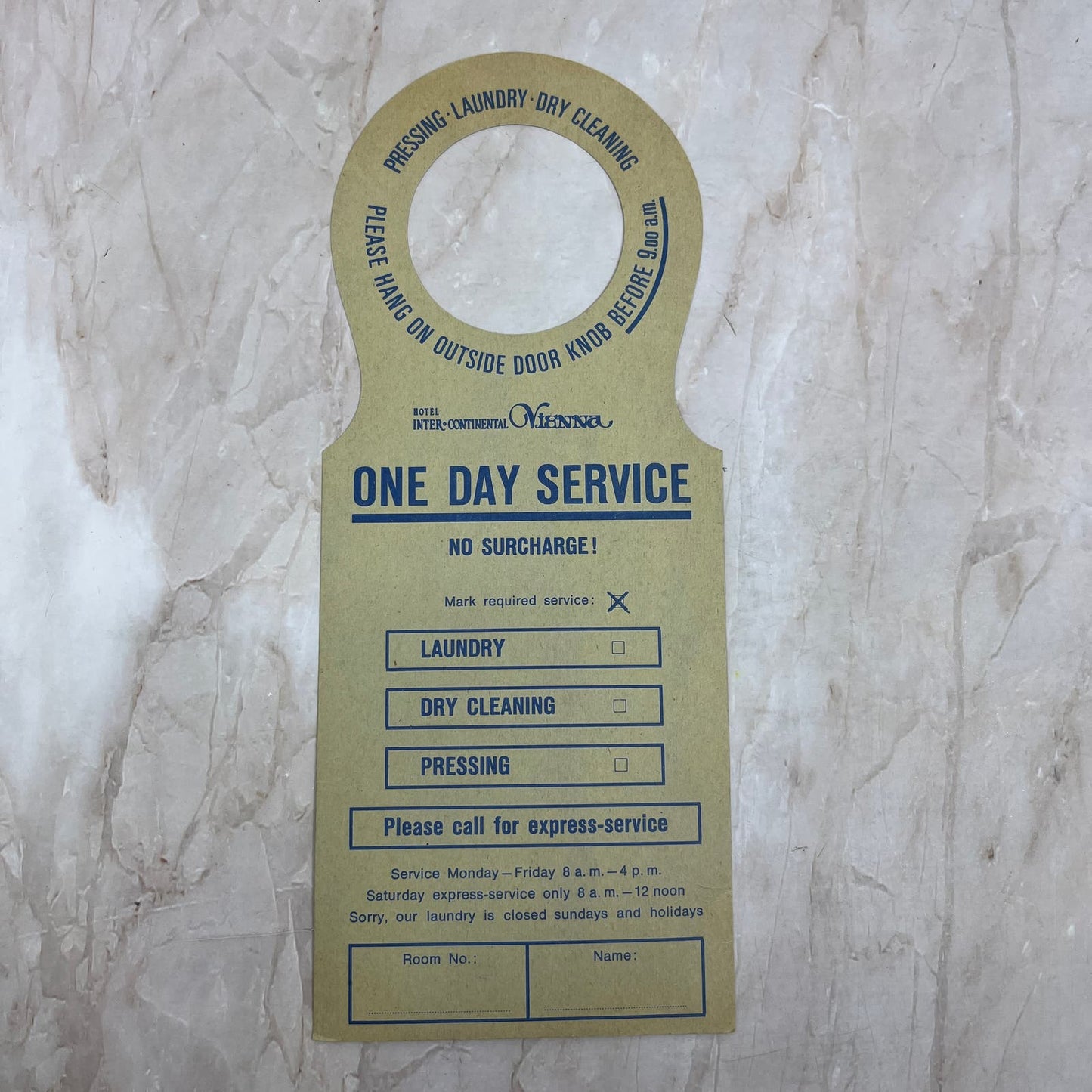Vintage Hotel Intercontinental Vienna One Day Service Door Hang Tag AE4