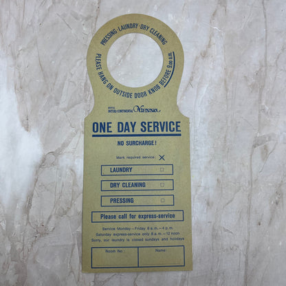 Vintage Hotel Intercontinental Vienna One Day Service Door Hang Tag AE4