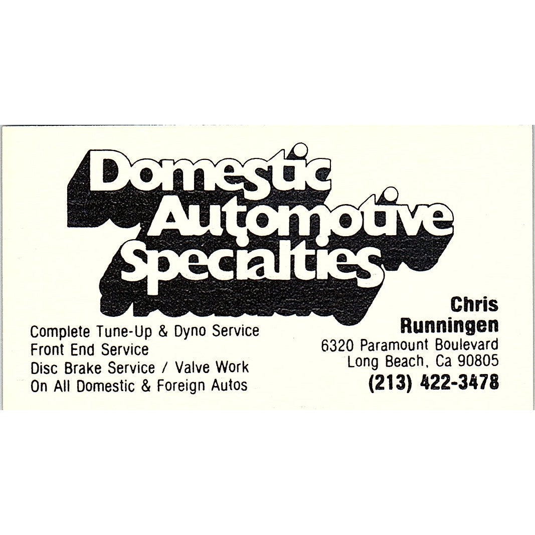 Chris Runningen Domestic Automotive Specialties Long Beach Business Card SE3-B14