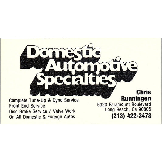 Chris Runningen Domestic Automotive Specialties Long Beach Business Card SE3-B14