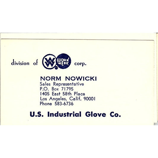 Norm Nowicki U.S. Industrial Glove Co Los Angeles Vintage Business Card SC9-B13