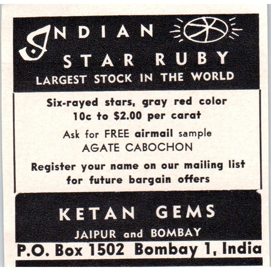 Ketan Gems - India Star Ruby - Bombay India 1964 Magazine Ad AB6-M1