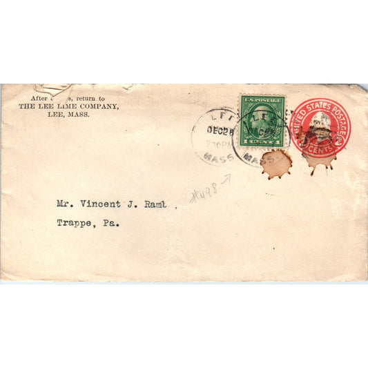 c1920 Lee Lime Co MA to Vincent J. Rambo Trappe PA Postal Cover Envelope TG7-PC3