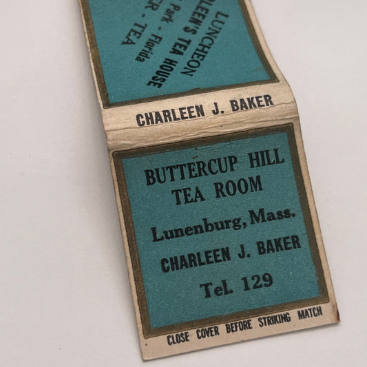 Buttercup Hill Tea Room Charlee J Baker Lunenburg MA Matchbook Cover TB8-MB2-3