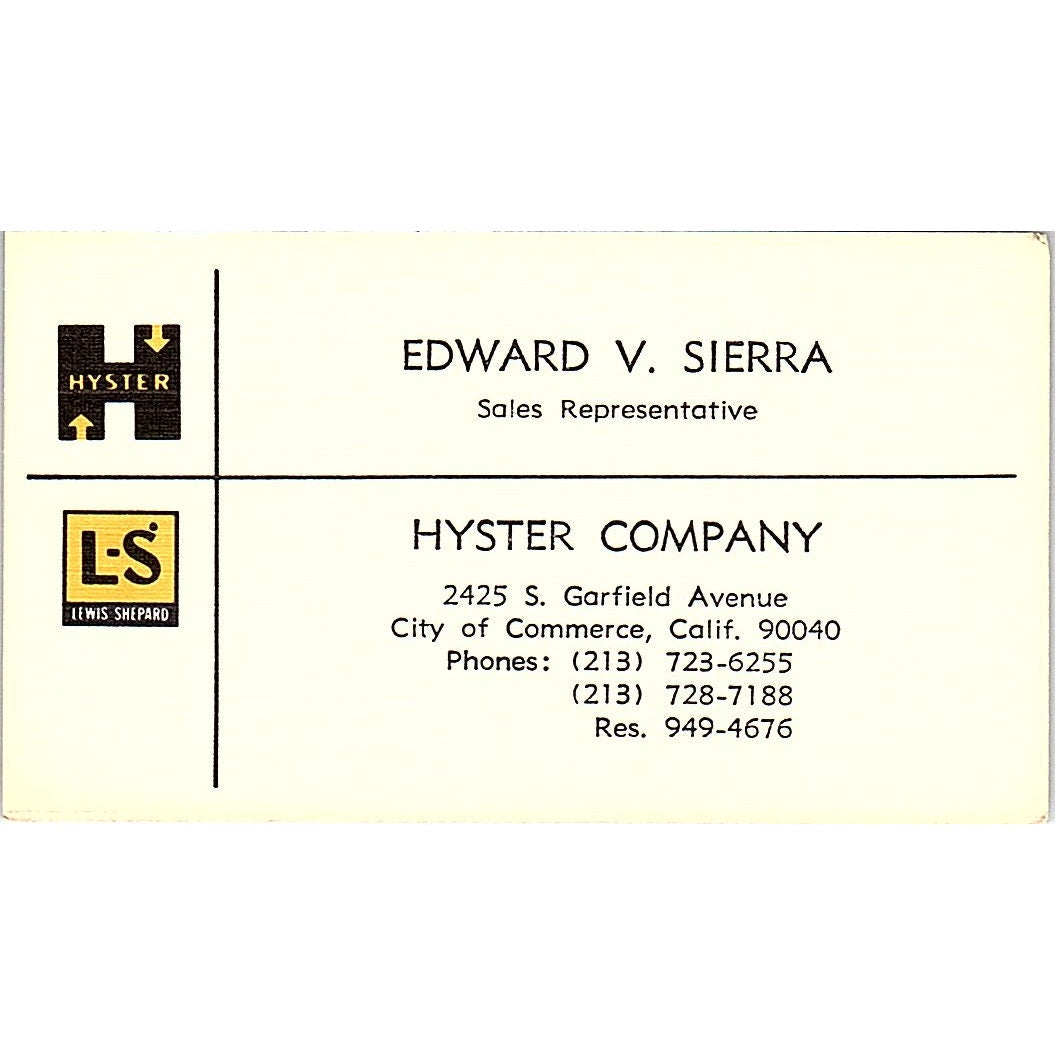 Hyster Sales Company Edward V. Sierra City of Commerce CA Business Card SB4-B4
