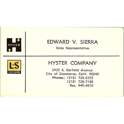 Hyster Sales Company Edward V. Sierra City of Commerce CA Business Card SB4-B4