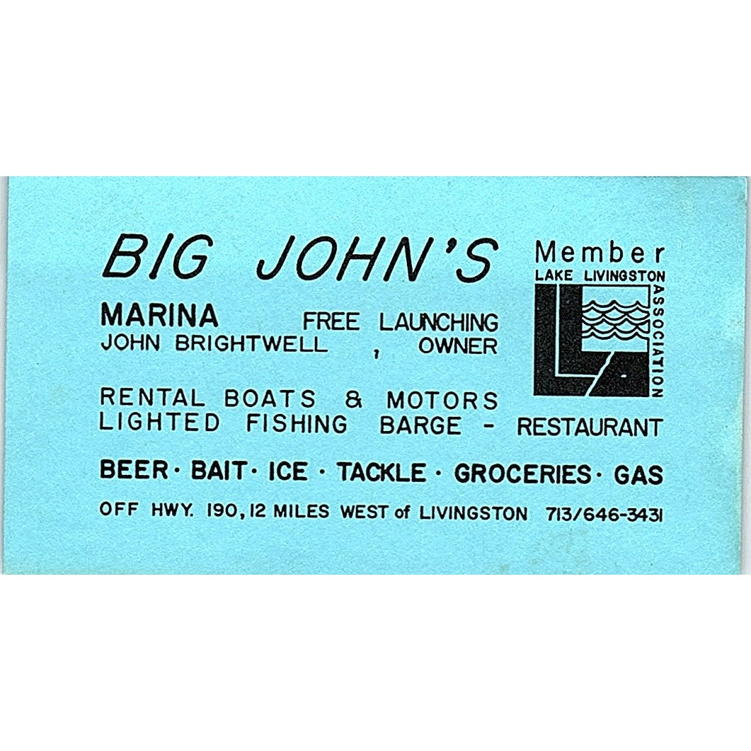Big John's Marina John Brightwell Livingston TX Vintage Business Card SB4-B10