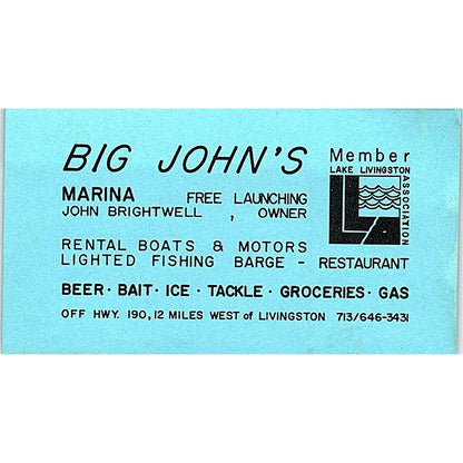 Big John's Marina John Brightwell Livingston TX Vintage Business Card SB4-B10