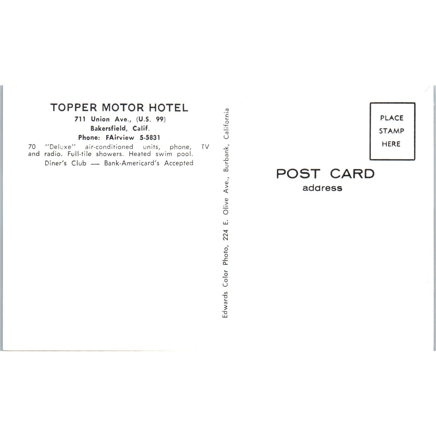 Topper Motor Hotel Bakersfield California Vintage Postcard PD10