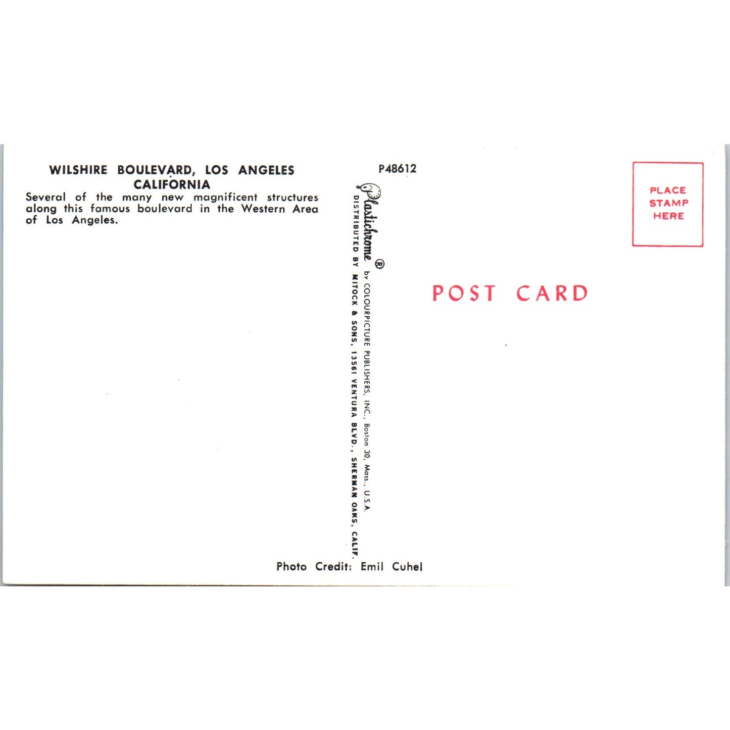 Wilshire Boulevard Los Angeles California Vintage Postcard PE4