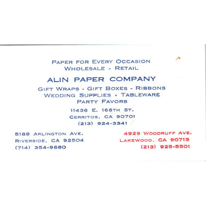 Alin Paper Company Cerritos CA Vintage Business Card SE3-B4