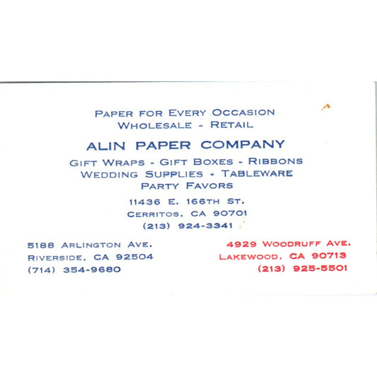 Alin Paper Company Cerritos CA Vintage Business Card SE3-B4