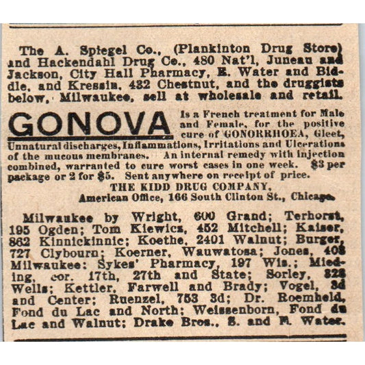 Gonova French Gonorrhoea Treatment Kidd Drug Co Milwaukee 1898 Clip AF7-SS9