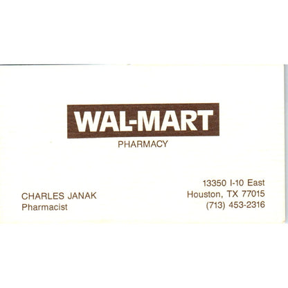 Wal-Mart Pharmacy Charles Janak Houston TX Vintage Business Card SD8-B15
