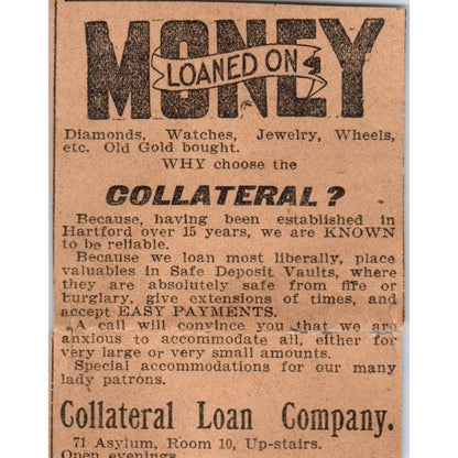 Collateral Loan Company Asylum St Hartford 1901 Newspaper Ad AD8-HS5