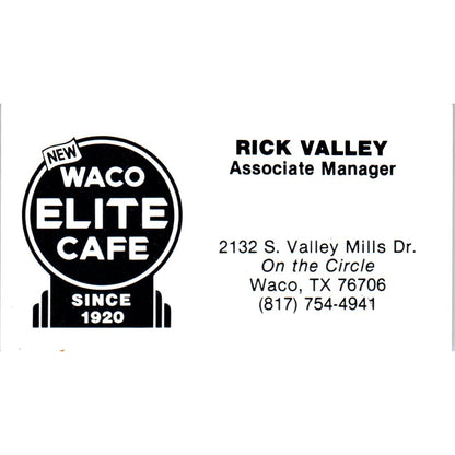 Rick Valley Waco Elite Cafe TX Vintage Business Card SD8-B6