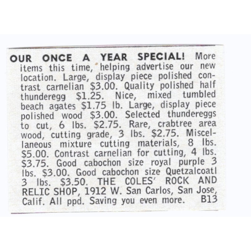 The Coles' Rock and Relic Shop San Jose California 1964 Magazine Ad AK6-S8