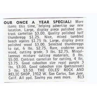 The Coles' Rock and Relic Shop San Jose California 1964 Magazine Ad AK6-S8