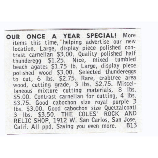 The Coles' Rock and Relic Shop San Jose California 1964 Magazine Ad AK6-S8