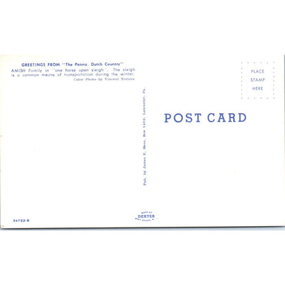 Amish Family in One Horse Open Sleigh Pennsylvania Dutch Country Postcard PD8