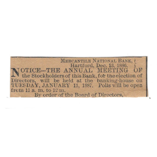 Mercantile National Bank Annual Meeting Hartford 1886 Newspaper Ad AF7-SS6