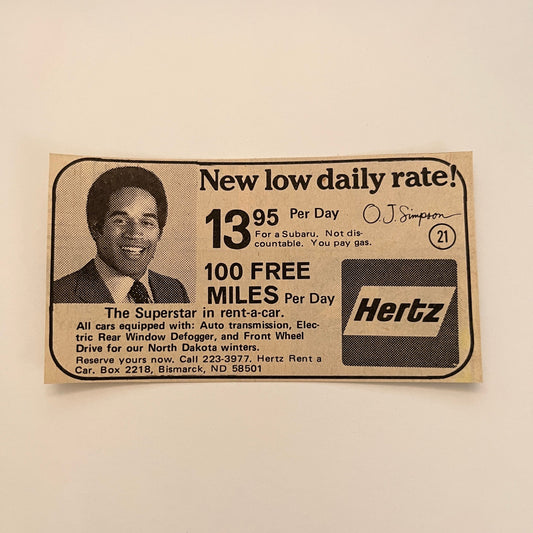 O.J. Simpson Hertz Rent-A-Car Bismark ND 1977 North Dakota Tourism Ad AG6-H1