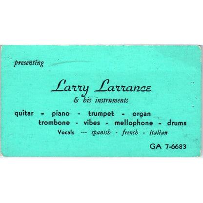 Larry Larrace & His Instruments Guitar Piano Vocal Vintage Business Card SD8-B20
