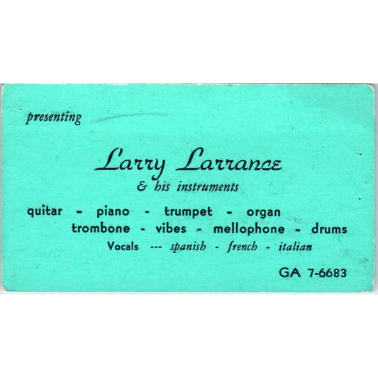 Larry Larrace & His Instruments Guitar Piano Vocal Vintage Business Card SD8-B20