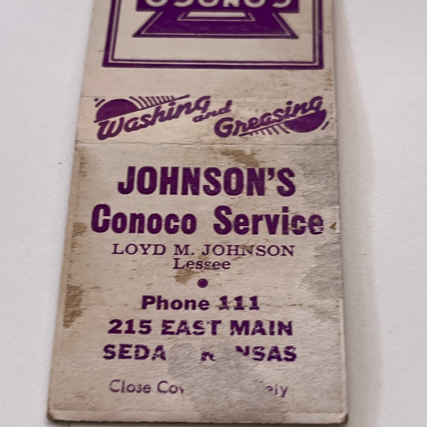 Johnson's Conoco Service Loyd M Johnson Sedan Kansas Matchbook Cover TB6-MB1-15