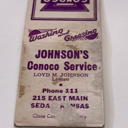 Johnson's Conoco Service Loyd M Johnson Sedan Kansas Matchbook Cover TB6-MB1-15