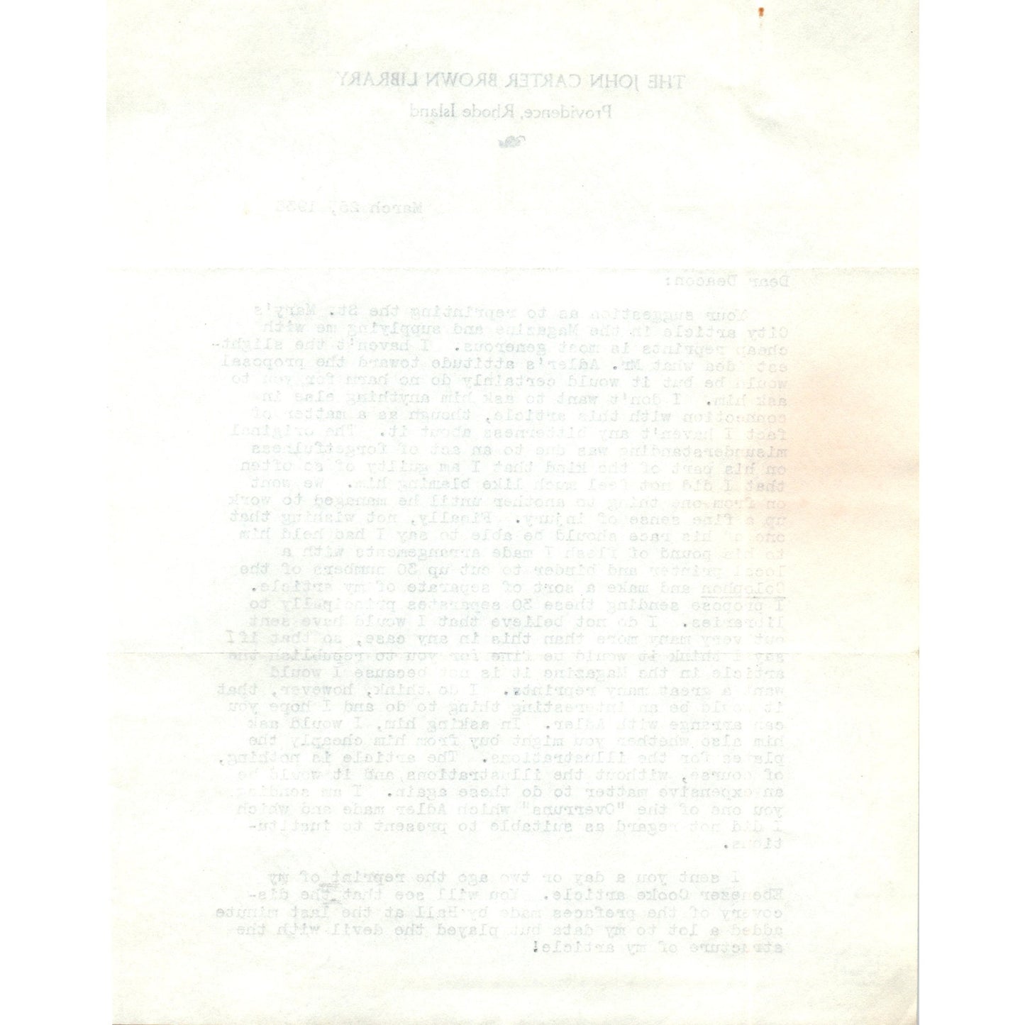 1936 The John Carter Brown Library Providence Rhode Island Letterhead Memo D21