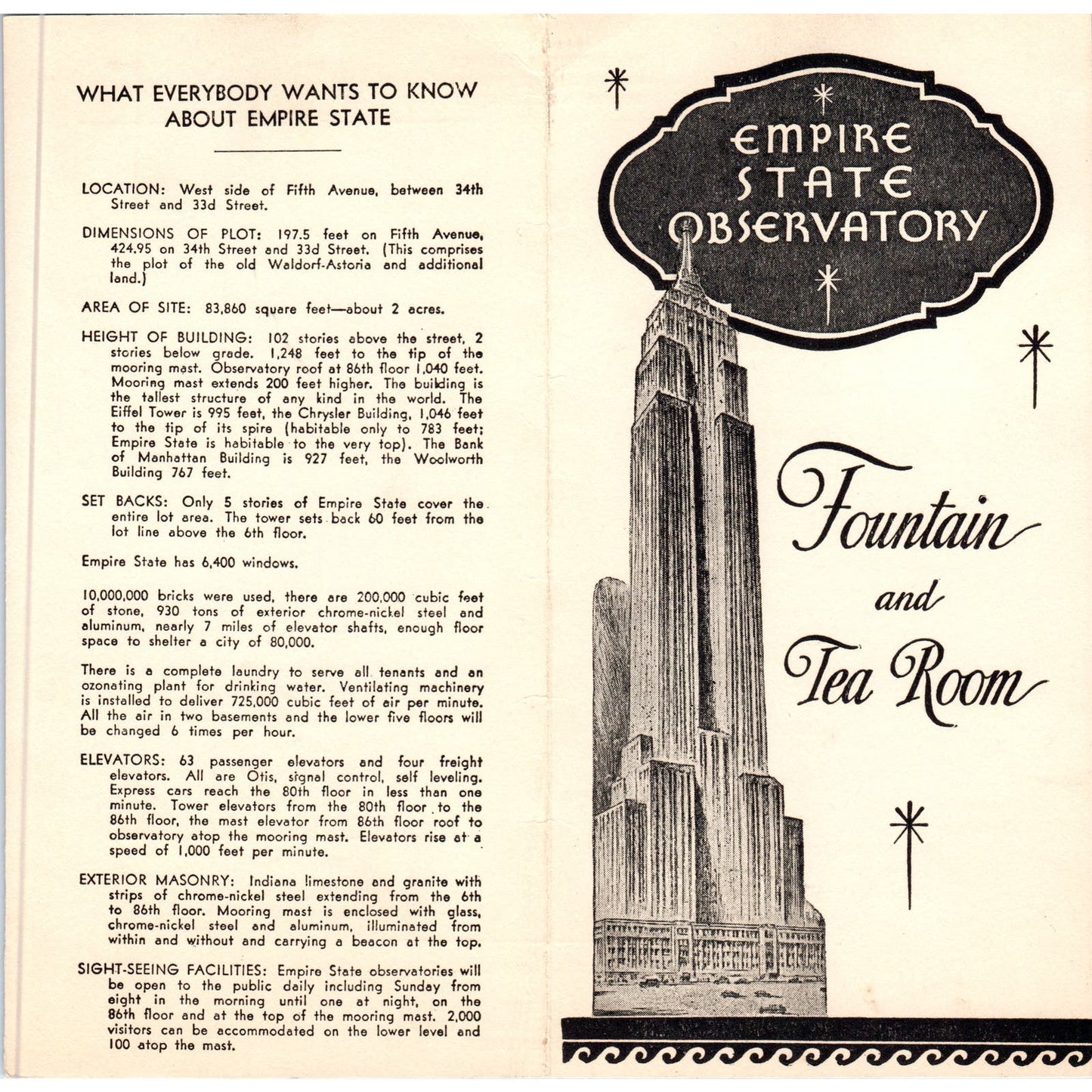 1939 Empire State Observatory Fountain and Tea Room Original Menu AE7