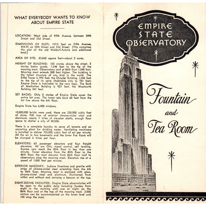 1939 Empire State Observatory Fountain and Tea Room Original Menu AE7