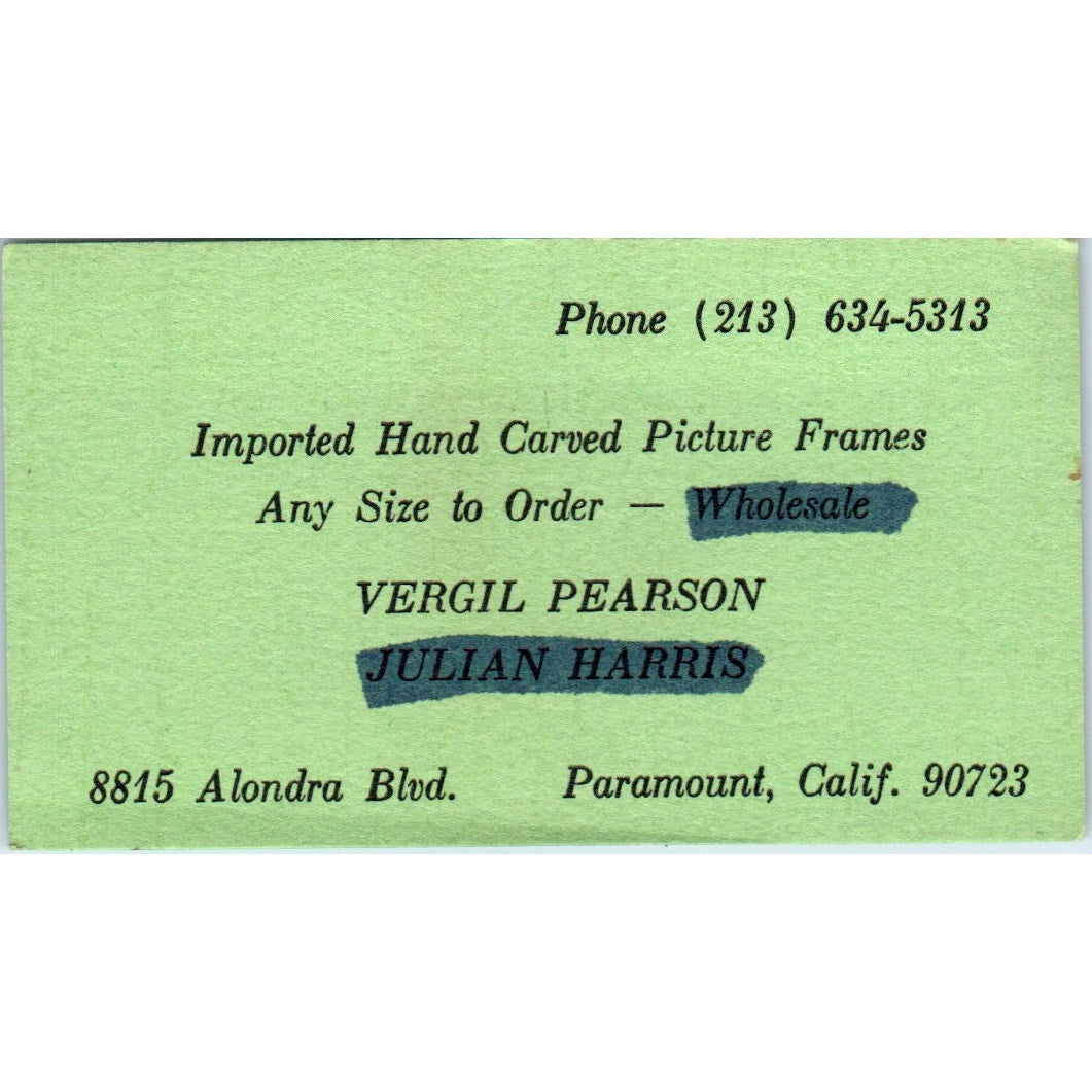 Picture Frames Vergil Pearson Julian Harris Paramount CA Business Card SD4-B1
