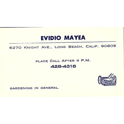 Evidio Mayea Gardening in General Long Beach CA Vintage Business Card SSB4-B13