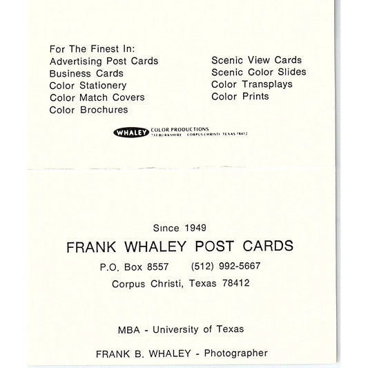 Frank Whaley Post Cards Corpus Christi TX Vintage Business Card TH2-B1