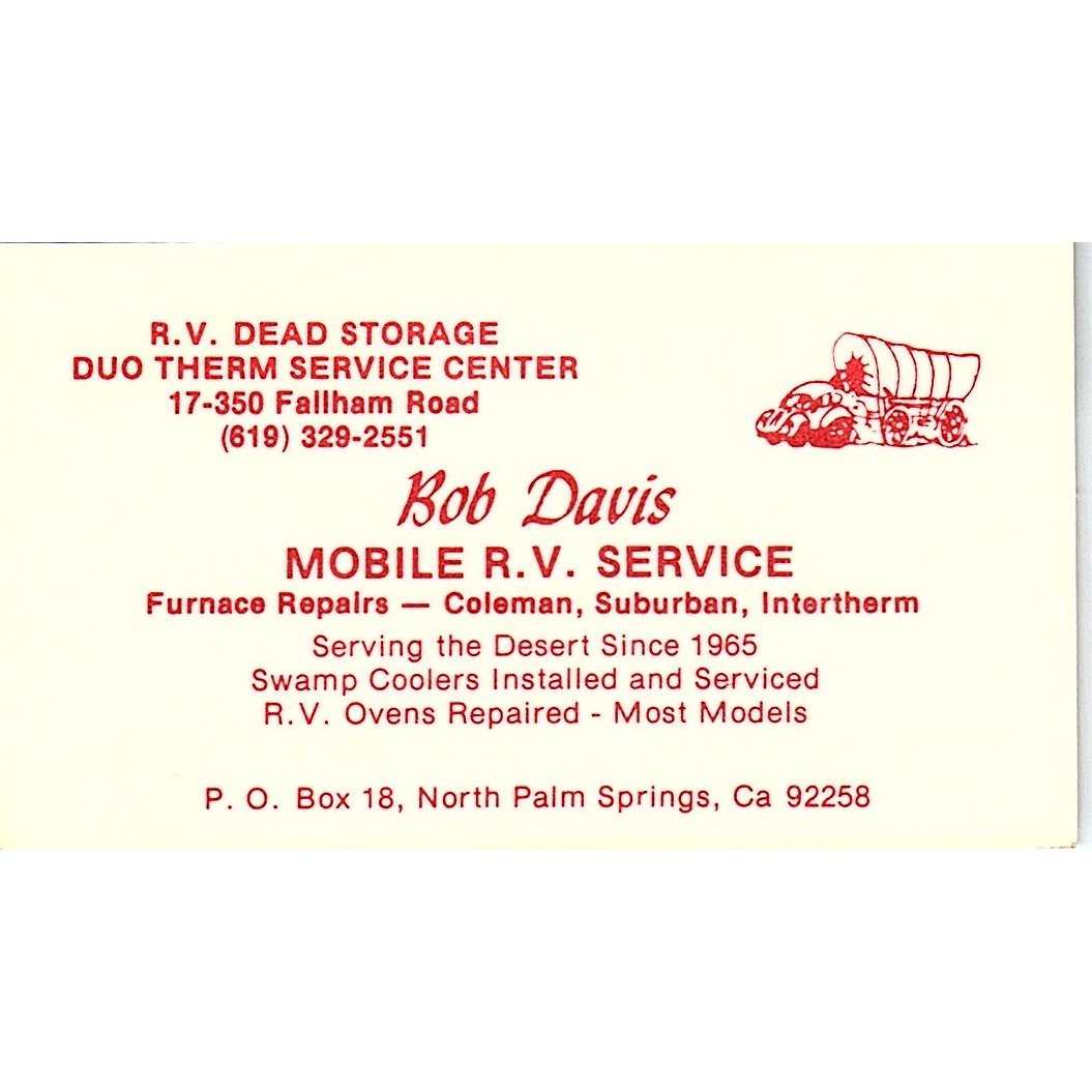 Bob Davis Mobile R.V. Service North Palm Springs CA Vintage Business Card SB4-B6