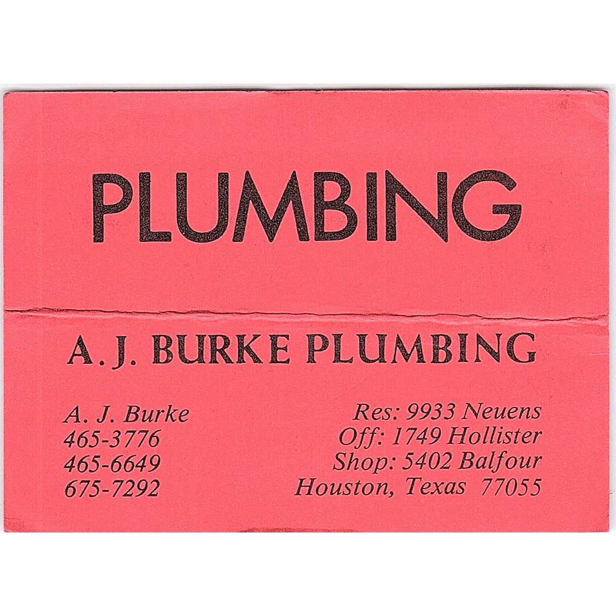 A.J. Burke Plumbing Houston TX Vintage Business Card ML1-6
