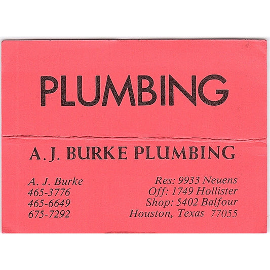 A.J. Burke Plumbing Houston TX Vintage Business Card ML1-6