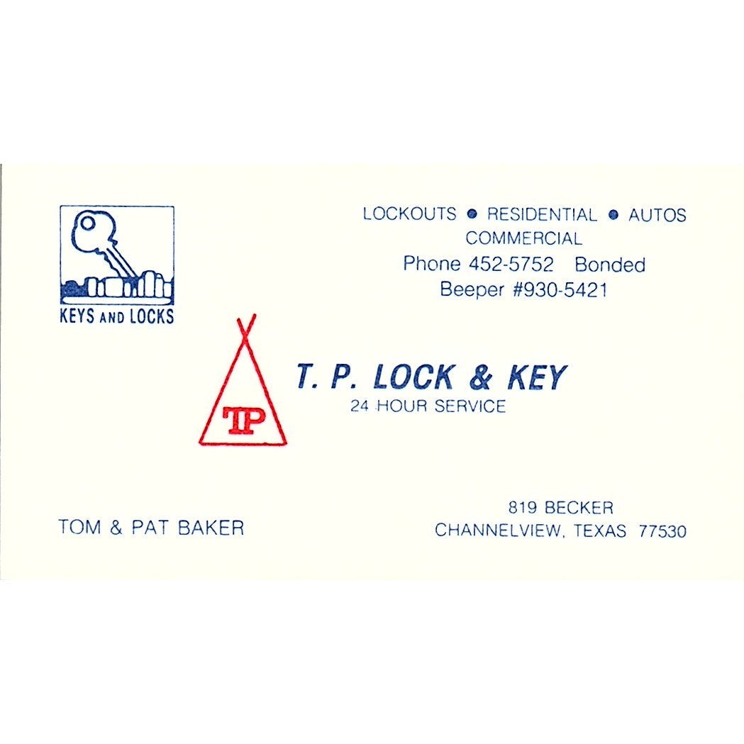 T. P. Lock & Key Tom & Pat Baker Channelview Texas Vintage Business Card SB4-B3